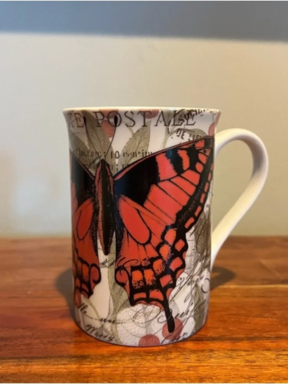 Linda Maron Bird Butterfly Design Coffee Mug With Floral Pattern